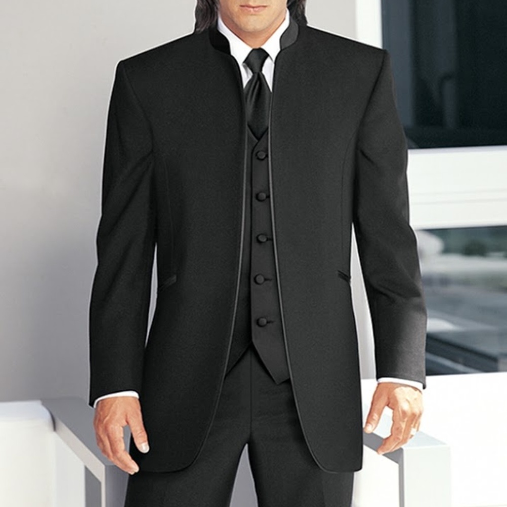 NEW J Yves Black Nehru Band Collar Mandarin Tuxedo No Button